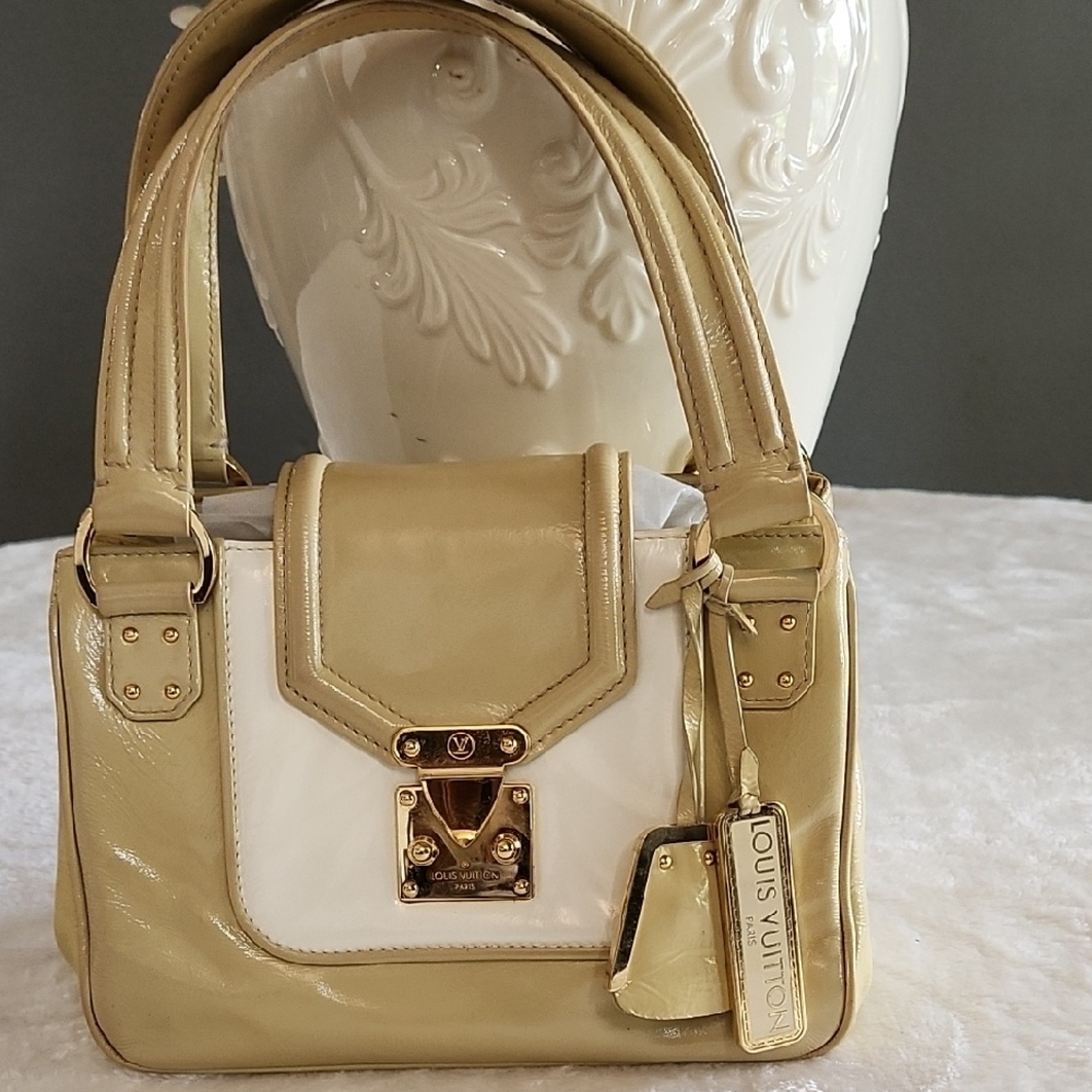 Louis Vuitton Tan and White Satchel with Gold-Tone Accents